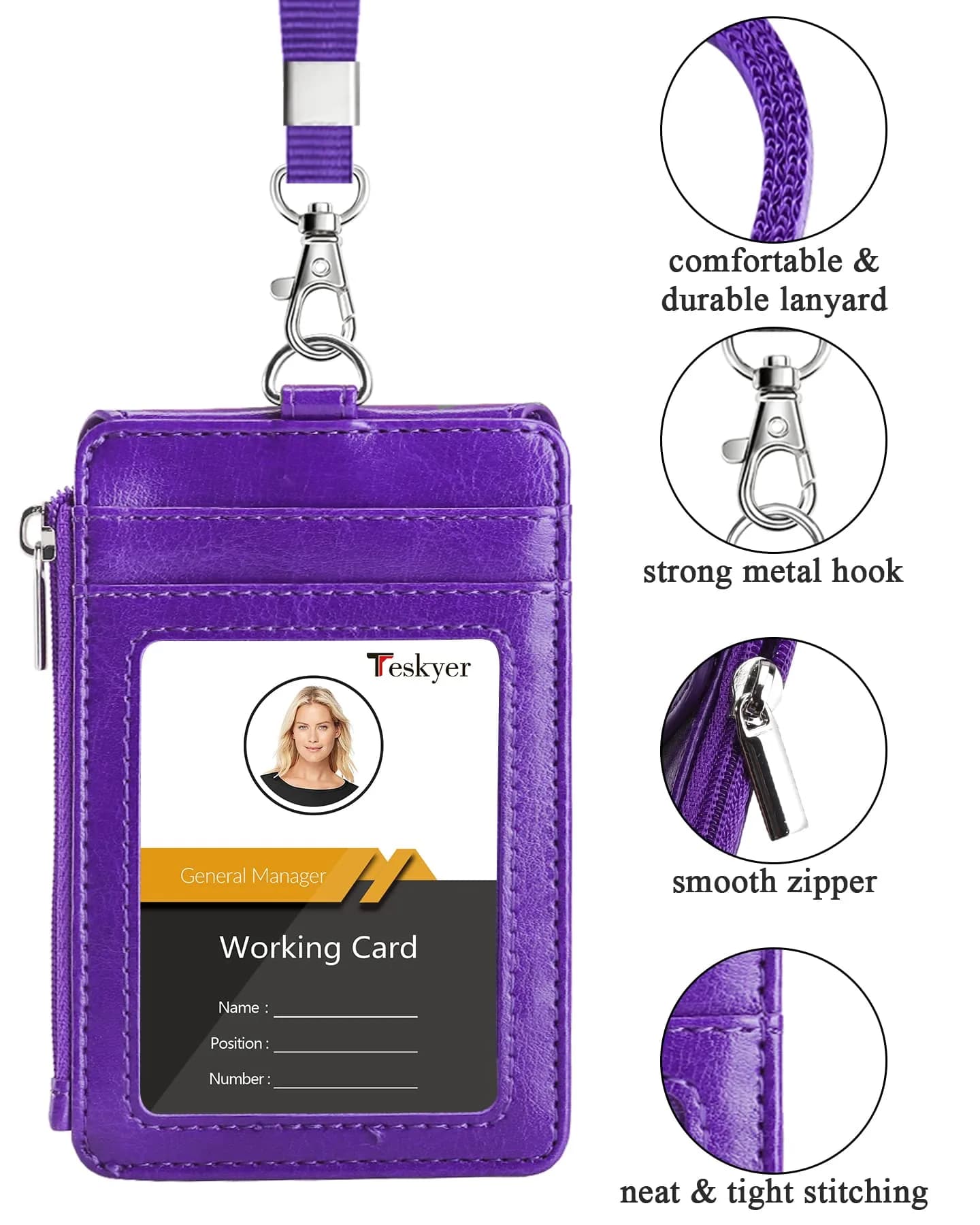 Teskyer Purple PU Leather ID Badge Holder with Lanyard & Zipper Pocket | 4 Card Slots, 1 Clear ID Window - view 3