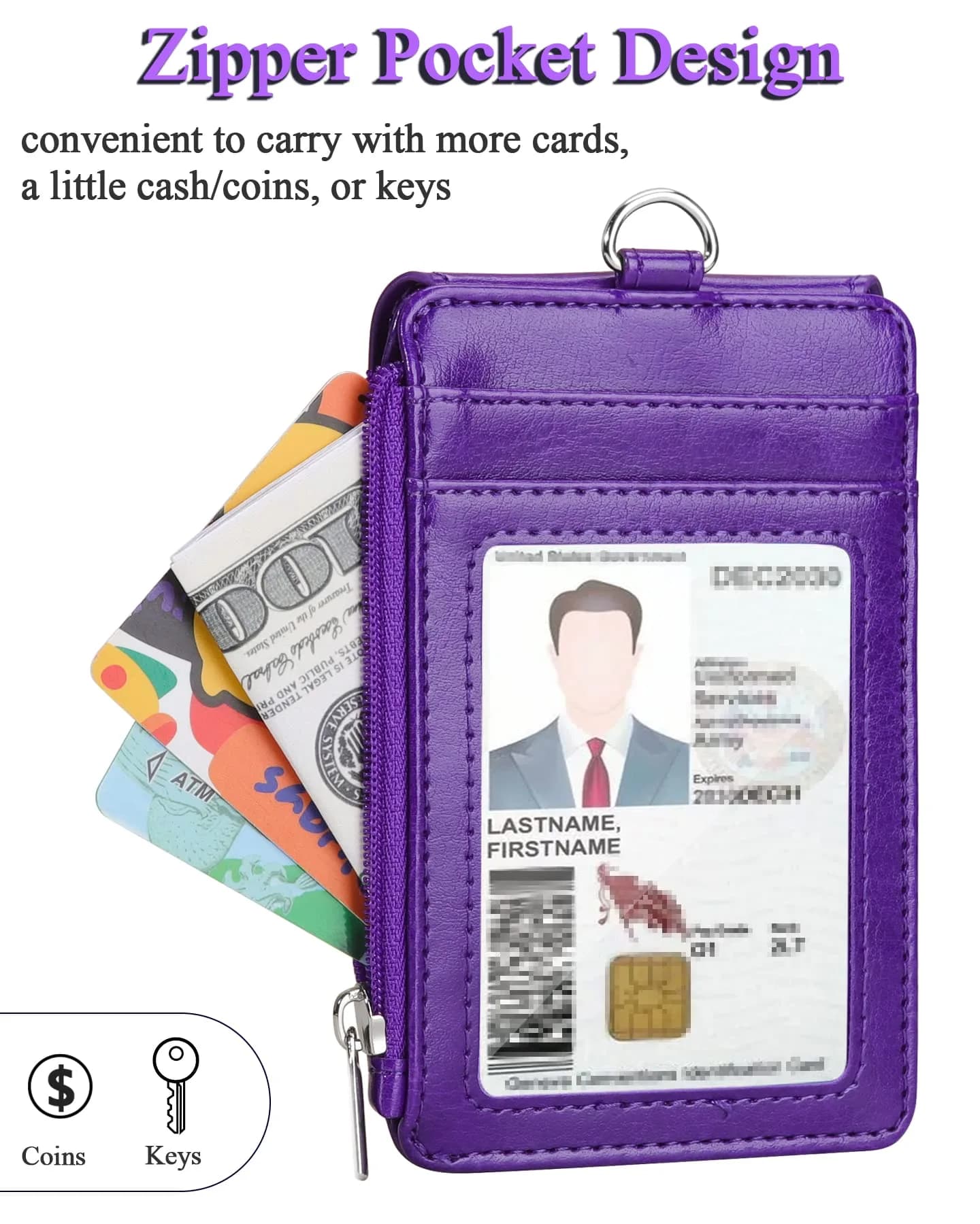 Teskyer Purple PU Leather ID Badge Holder with Lanyard & Zipper Pocket | 4 Card Slots, 1 Clear ID Window - view 4