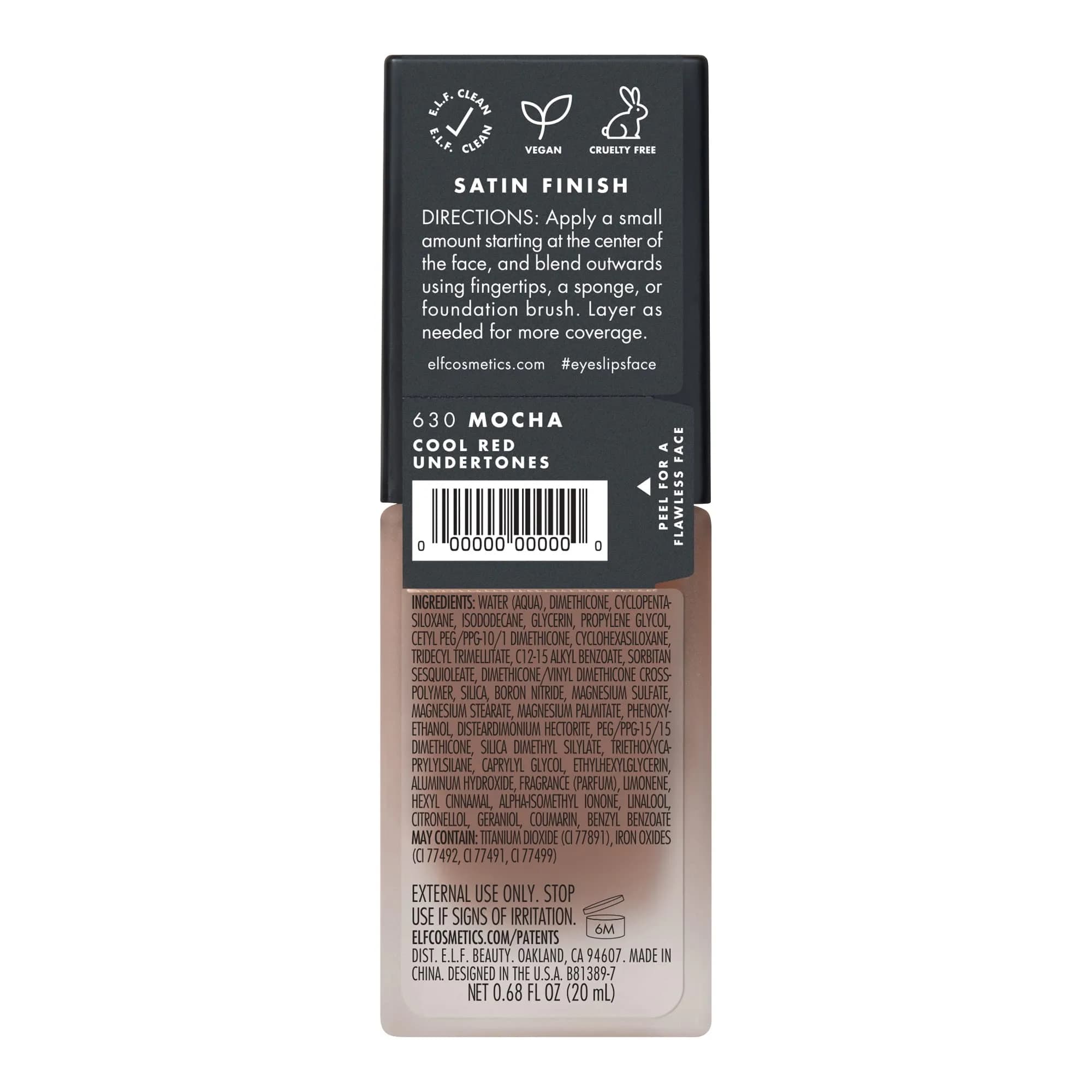 e.l.f. Flawless Satin Foundation Lightweight & Medium Coverage Mocha 20ml (0.68 Fl Oz) | Semi-Matte Finish - view 5