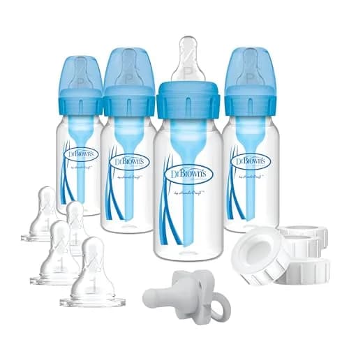 Dr. Brown's Anti-Colic Baby Feeding Set with Slow Flow Nipples, Travel Caps, Silicone Pacifier - Pink | 120ml (4 Fl Oz) Bottles — Blue