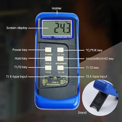 Gain Express Dual Channel K-Type Thermocouple Thermometer -50~1300°C (-58~2372°F) | HVAC Temperature Meter with 4 Probes thumbnail 5