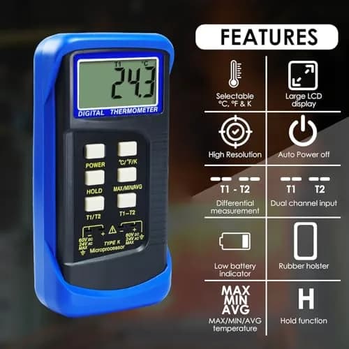 Gain Express Dual Channel K-Type Thermocouple Thermometer -50~1300°C (-58~2372°F) | HVAC Temperature Meter with 4 Probes thumbnail 2