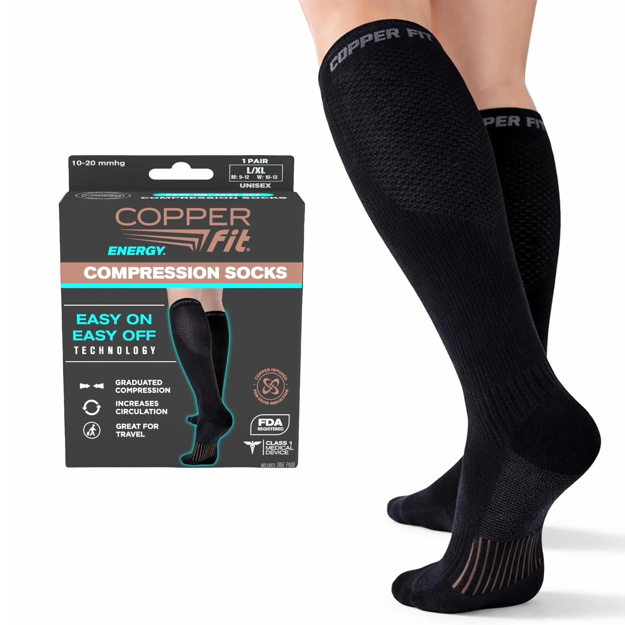 Copper Fit 2.0 Easy-Off Black Small-Medium Knee High Compression Socks for Unisex Adults - main product image