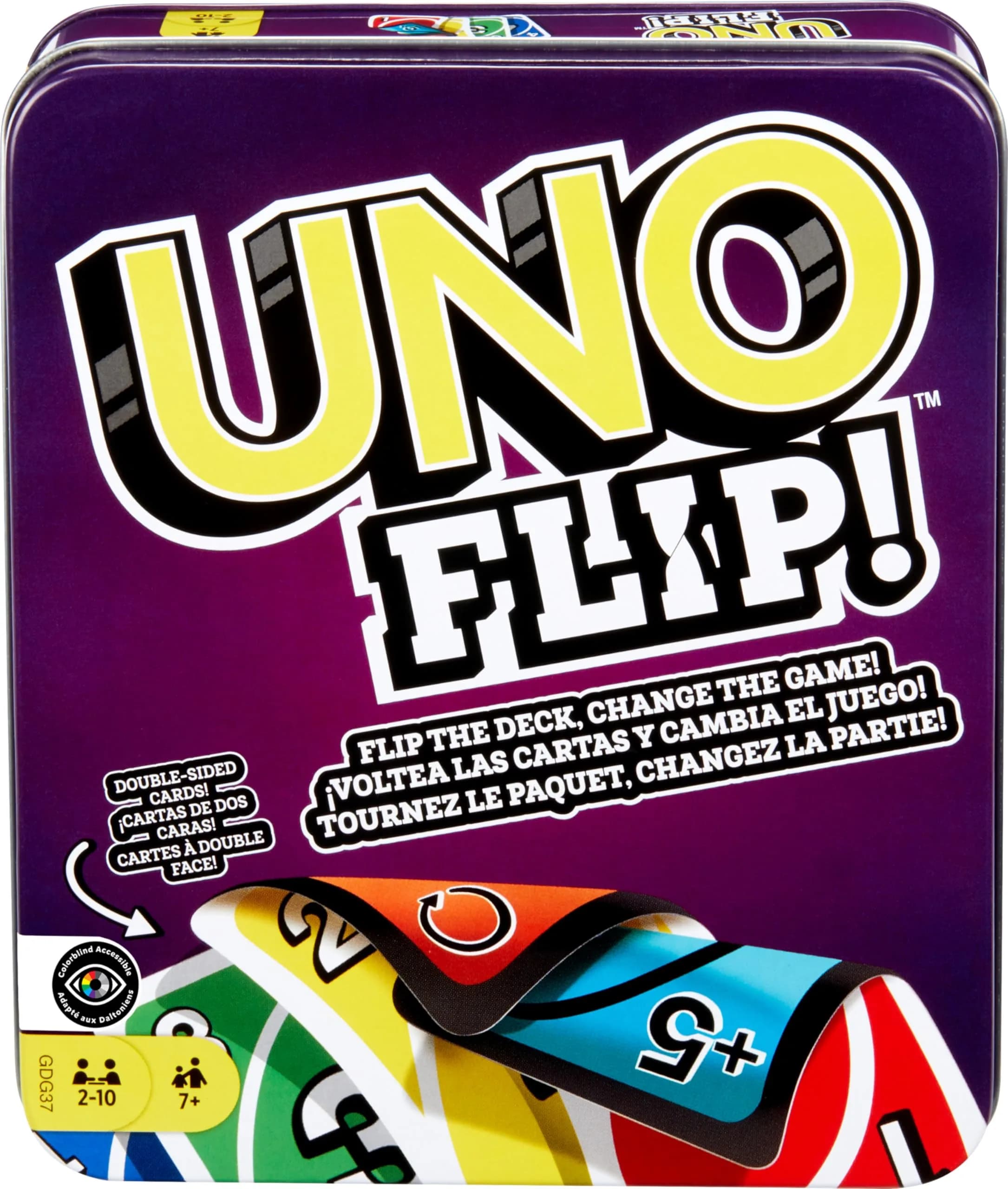 Mattel Games UNO FLIP! Card Game with Storage Tin | Color Blind Accessible Deck for Kids & Adults (112 Cards)