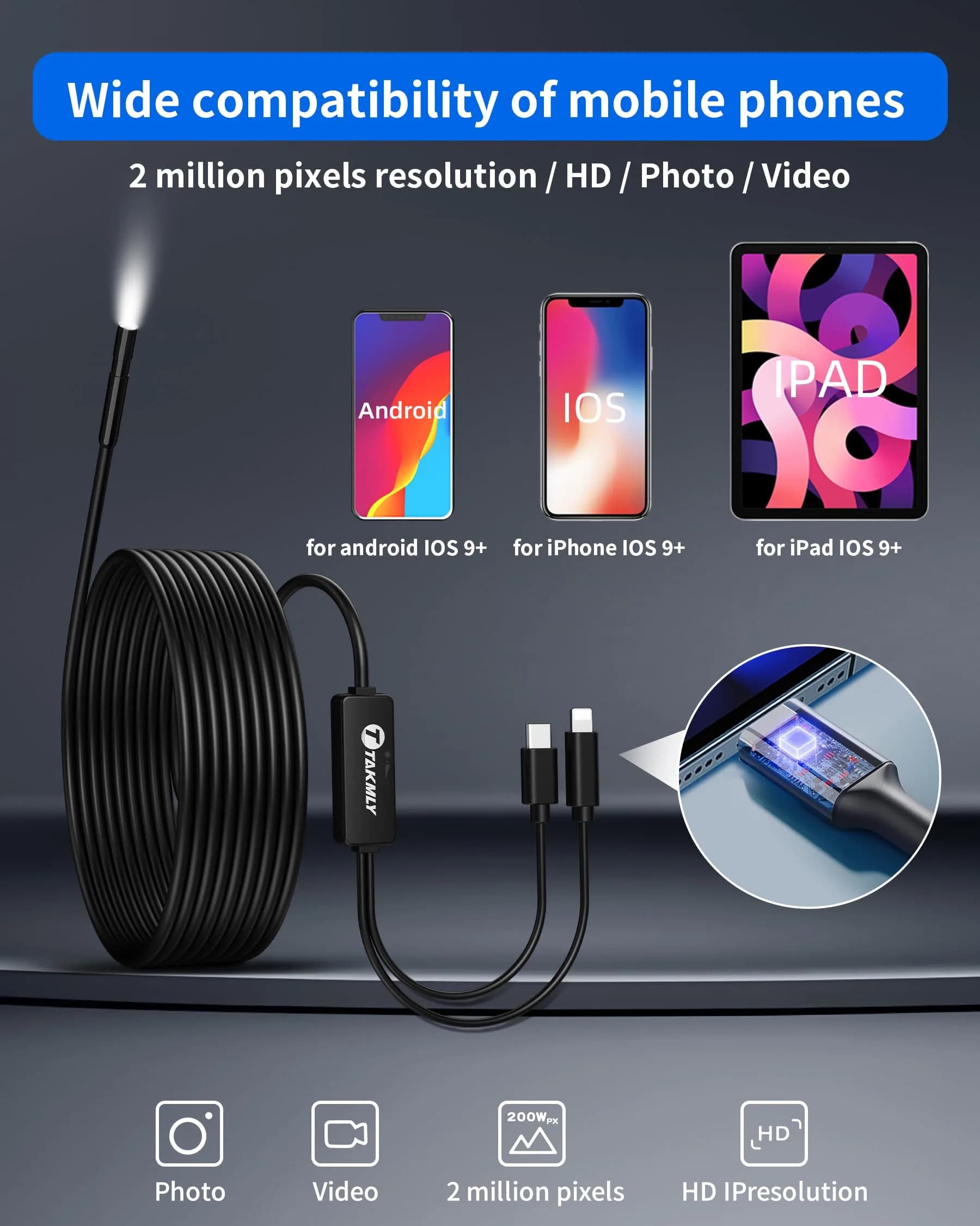 T TAKMLY 5.5mm Endoscope Borescope Inspection Camera with Light 5.2cm (16.4ft) | IP67 Waterproof for iPhone & Android - view 2