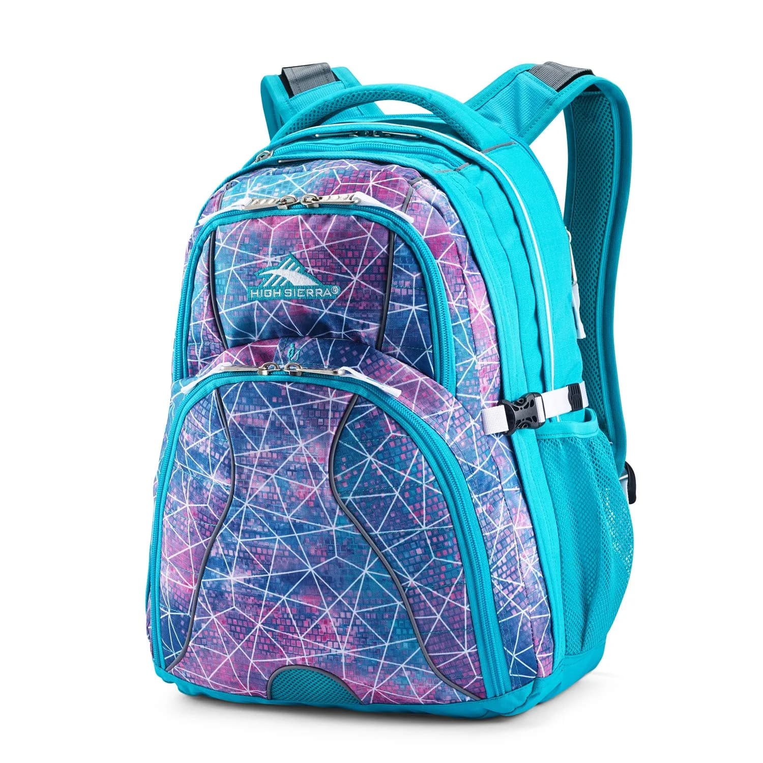 High Sierra Swerve Laptop Backpack 36.5L (19 x 13 x 7.75-Inch) | Padded 17-Inch Laptop Compartment & Tablet Sleeve — Sequin Facets/Bluebird/White