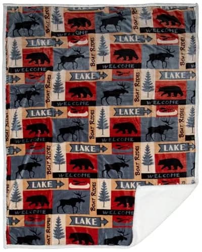 Carstens Lake House Rustic Cabin Sherpa Fleece Large Throw Blanket, 54" x 68", Blue thumbnail 1