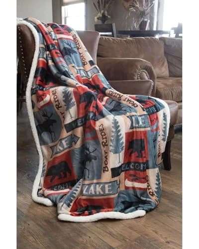 Carstens Lake House Rustic Cabin Sherpa Fleece Large Throw Blanket, 54" x 68", Blue thumbnail 3