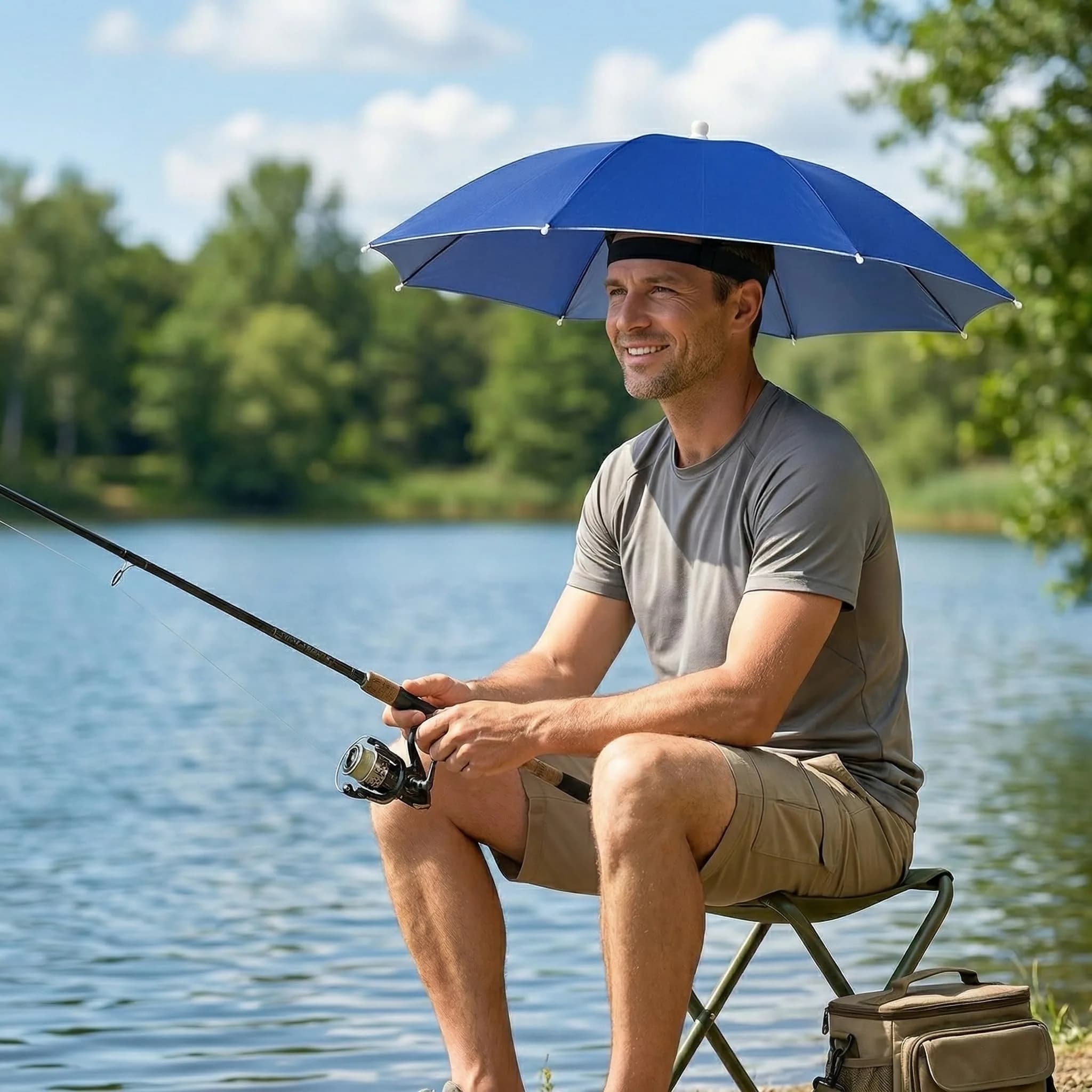 Chinmor 26" Umbrella Hat for Adults & Kids, Hands-Free Sun & Rain Protection, UV-Blocking Fishing Headwear (Dark Blue) - view 5