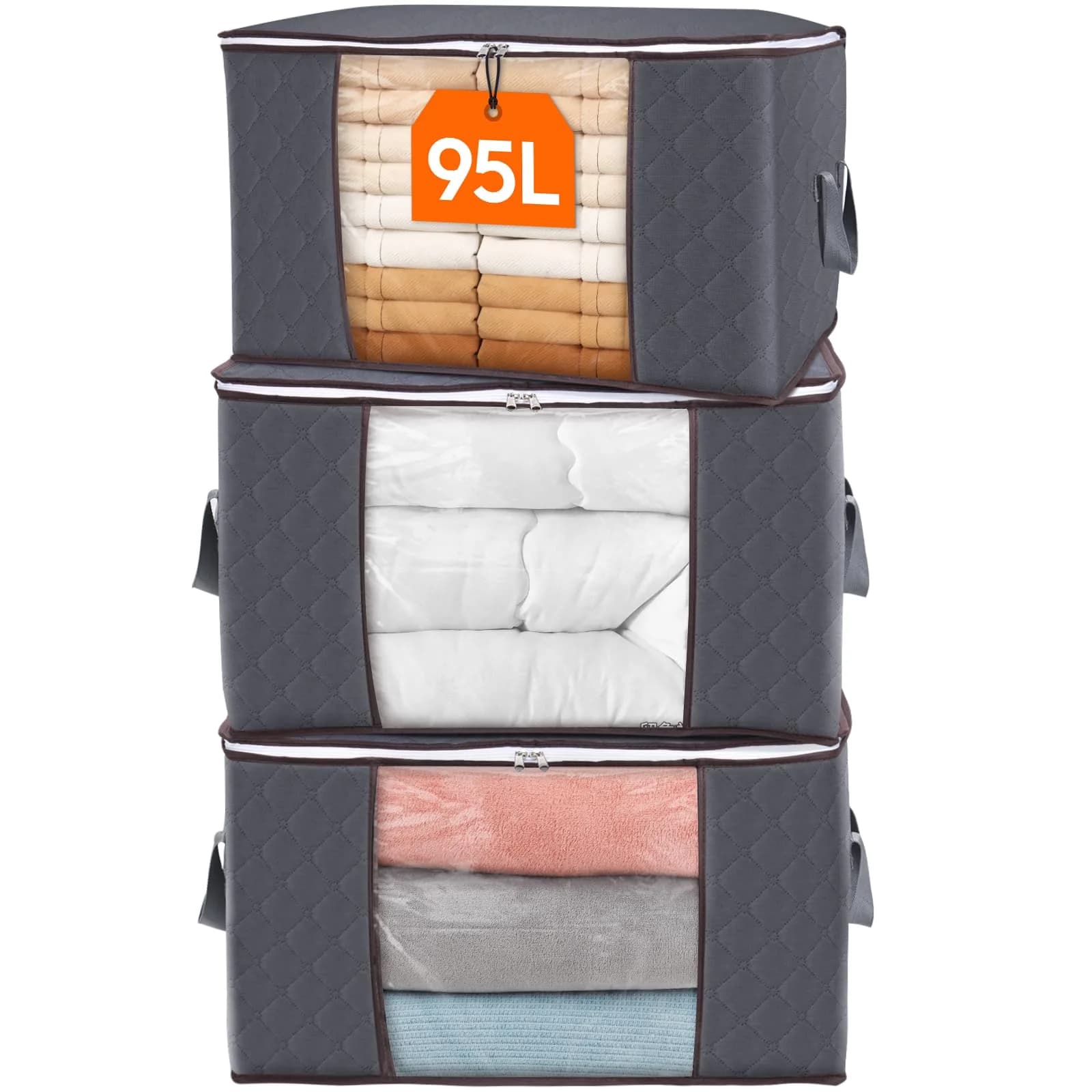 Lifewit 3 Pack 90L Clothes Storage Bins with Lids | Foldable Blanket Bags with Reinforced Handles