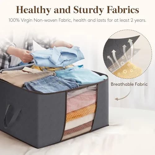 Lifewit 3 Pack 90L Clothes Storage Bins with Lids | Foldable Blanket Bags with Reinforced Handles thumbnail 4