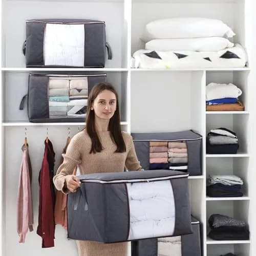Lifewit 3 Pack 90L Clothes Storage Bins with Lids | Foldable Blanket Bags with Reinforced Handles thumbnail 5