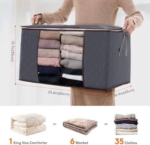Lifewit 3 Pack 90L Clothes Storage Bins with Lids | Foldable Blanket Bags with Reinforced Handles thumbnail 2