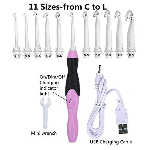 Yarniss Lighted Crochet Hook Set with Case | 11 Sizes 2.5-8mm Rechargeable USB Pink thumbnail 4