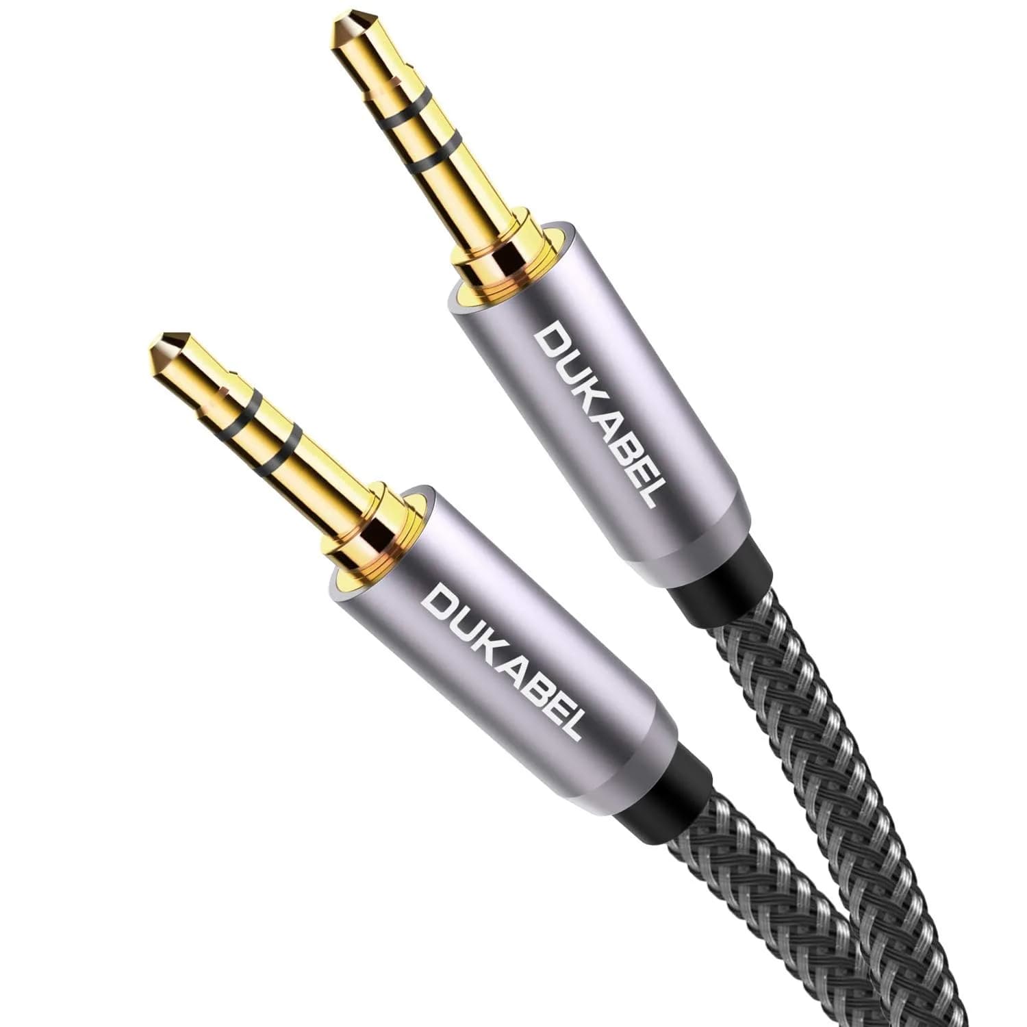DUKABEL 16 ft (4.88 m) 3.5mm Male to Male Aux Cable | Nylon-Braided Stereo Audio Extension Cord — Grey