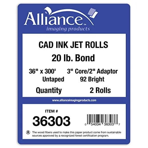Alliance Wide Format Paper CAD Bond Rolls 36" x 300 Ft | 20lb, White, Laser & Inkjet Compatible thumbnail 4