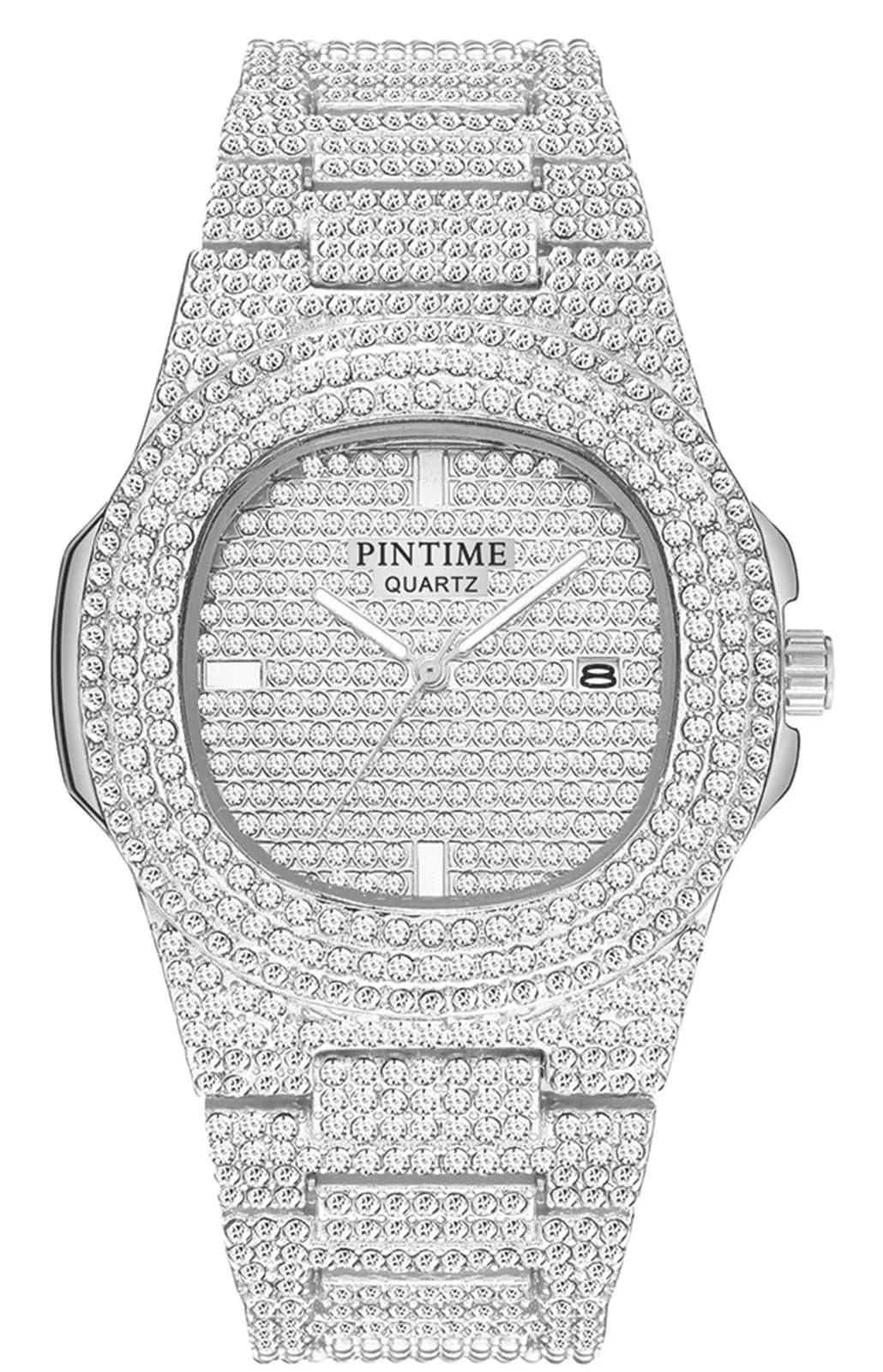 PINTIME Mens Diamond Watches Luxury Unisex Silver Gold Iced-Out Bling CZ Crystal Fashion Quartz Womens Watch | 40mm Dial, Waterproof Daily Wear