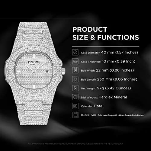 PINTIME Mens Diamond Watches Luxury Unisex Silver Gold Iced-Out Bling CZ Crystal Fashion Quartz Womens Watch | 40mm Dial, Waterproof Daily Wear thumbnail 4