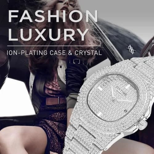 PINTIME Mens Diamond Watches Luxury Unisex Silver Gold Iced-Out Bling CZ Crystal Fashion Quartz Womens Watch | 40mm Dial, Waterproof Daily Wear thumbnail 5