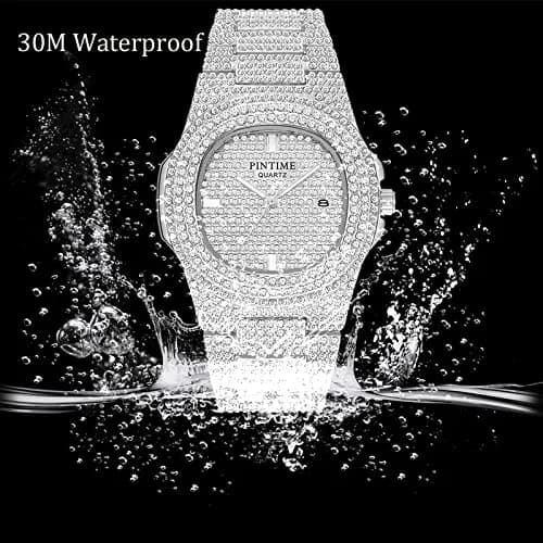 PINTIME Mens Diamond Watches Luxury Unisex Silver Gold Iced-Out Bling CZ Crystal Fashion Quartz Womens Watch | 40mm Dial, Waterproof Daily Wear thumbnail 6