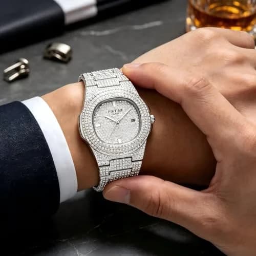 PINTIME Mens Diamond Watches Luxury Unisex Silver Gold Iced-Out Bling CZ Crystal Fashion Quartz Womens Watch | 40mm Dial, Waterproof Daily Wear thumbnail 7