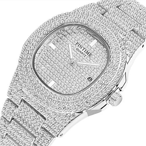 PINTIME Mens Diamond Watches Luxury Unisex Silver Gold Iced-Out Bling CZ Crystal Fashion Quartz Womens Watch | 40mm Dial, Waterproof Daily Wear thumbnail 2