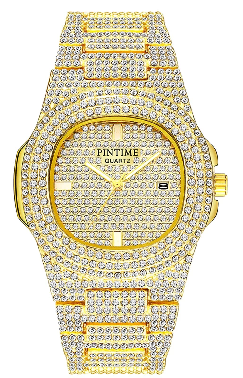 PINTIME Mens Diamond Watches Luxury Unisex Silver Gold | Iced-Out CZ Crystal Quartz
