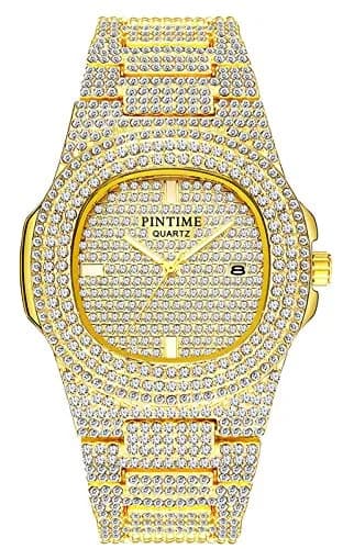 PINTIME Mens Diamond Watches Luxury Unisex Silver Gold | Iced-Out CZ Crystal Quartz thumbnail 1