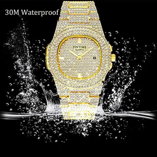 PINTIME Mens Diamond Watches Luxury Unisex Silver Gold | Iced-Out CZ Crystal Quartz thumbnail 4