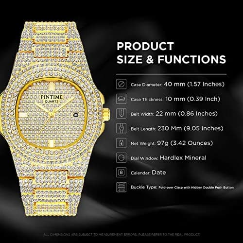 PINTIME Mens Diamond Watches Luxury Unisex Silver Gold | Iced-Out CZ Crystal Quartz thumbnail 5