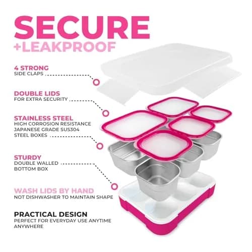 kinsho Stainless Steel Bento Lunch Box Set for Adults, Kids - 34 oz Pink | Leak-Proof Meal Prep Containers thumbnail 8