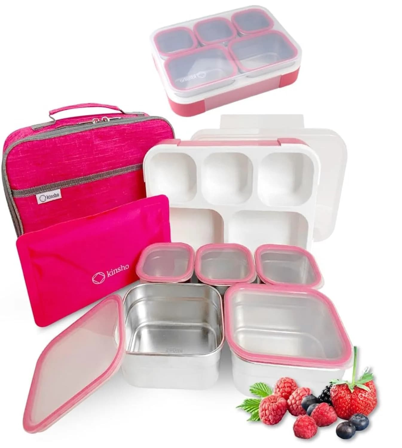 kinsho Stainless Steel Bento Lunch Box Set for Adults, Kids - 34 oz Pink | Leak-Proof Meal Prep Containers - main product image