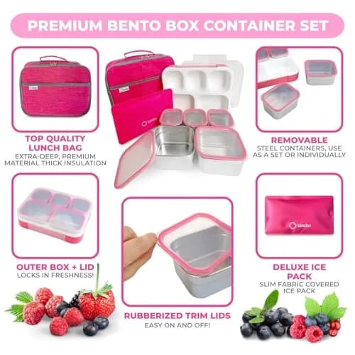kinsho Stainless Steel Bento Lunch Box Set for Adults, Kids - 34 oz Pink | Leak-Proof Meal Prep Containers thumbnail 4