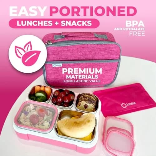 kinsho Stainless Steel Bento Lunch Box Set for Adults, Kids - 34 oz Pink | Leak-Proof Meal Prep Containers thumbnail 5