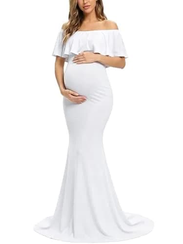 Glampunch Off Shoulder Maternity Dress for Photoshoot, Baby Shower | Flowy Maxi, Soft Stretchy Fabric, Elegant Fit thumbnail 1