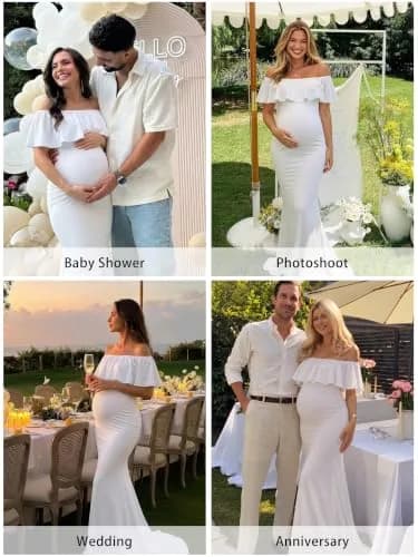 Glampunch Off Shoulder Maternity Dress for Photoshoot, Baby Shower | Flowy Maxi, Soft Stretchy Fabric, Elegant Fit thumbnail 4