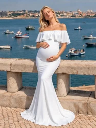 Glampunch Off Shoulder Maternity Dress for Photoshoot, Baby Shower | Flowy Maxi, Soft Stretchy Fabric, Elegant Fit thumbnail 2