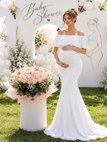 Glampunch Off Shoulder Maternity Dress for Photoshoot, Baby Shower | Flowy Maxi, Soft Stretchy Fabric, Elegant Fit thumbnail 3