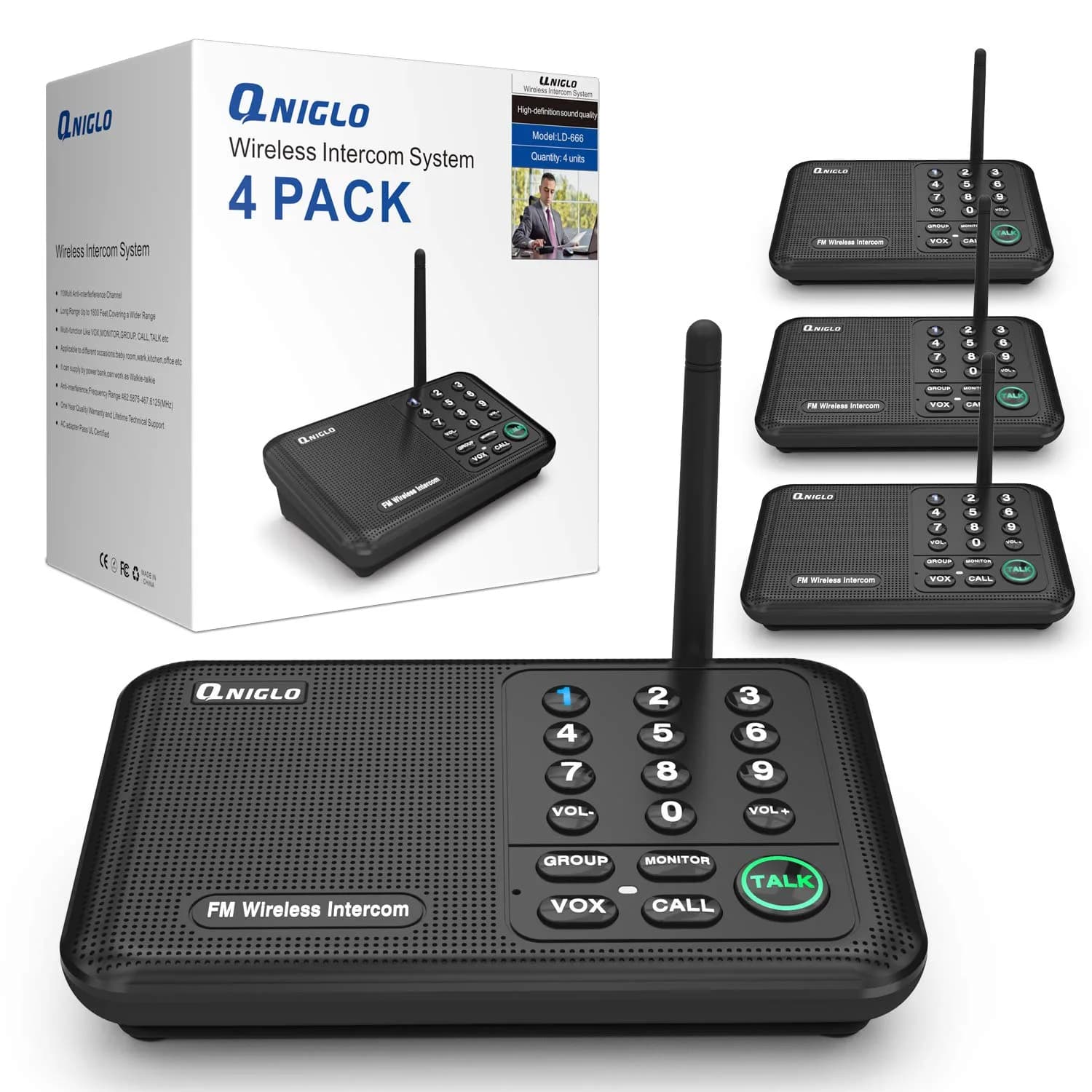 QNIGLO Wireless Intercom System | 4 Stations, 5280 Ft Long Range, 10 Channels, VOX - main product image