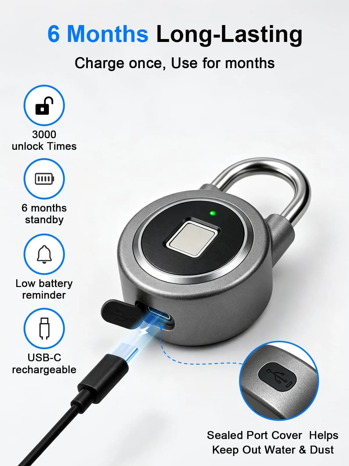 MEGAFEIS Fingerprint Padlock Grey | Biometric Keyless Lock with Bluetooth App Control & IP65 Waterproofing - view 5