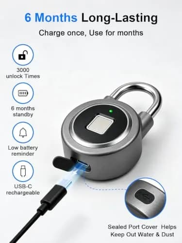MEGAFEIS Fingerprint Padlock Grey | Biometric Keyless Lock with Bluetooth App Control & IP65 Waterproofing thumbnail 5