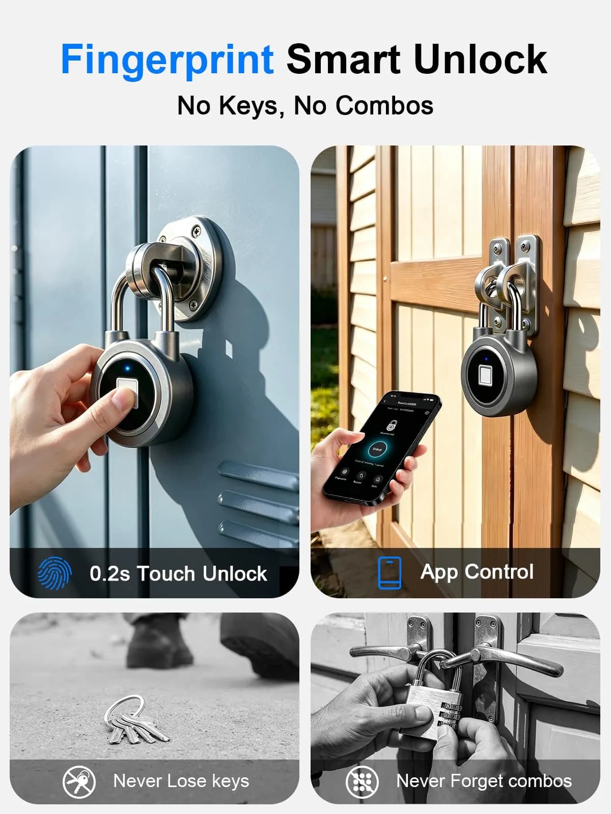 MEGAFEIS Fingerprint Padlock Grey | Biometric Keyless Lock with Bluetooth App Control & IP65 Waterproofing - view 2