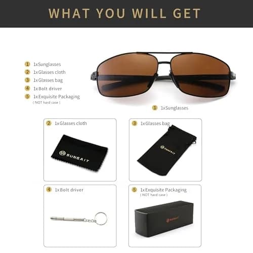 SUNGAIT Ultra Lightweight Rectangular Polarized Sunglasses Men UV400 Protection (Black Frame Brown Lens, 62) Metal Frame thumbnail 6