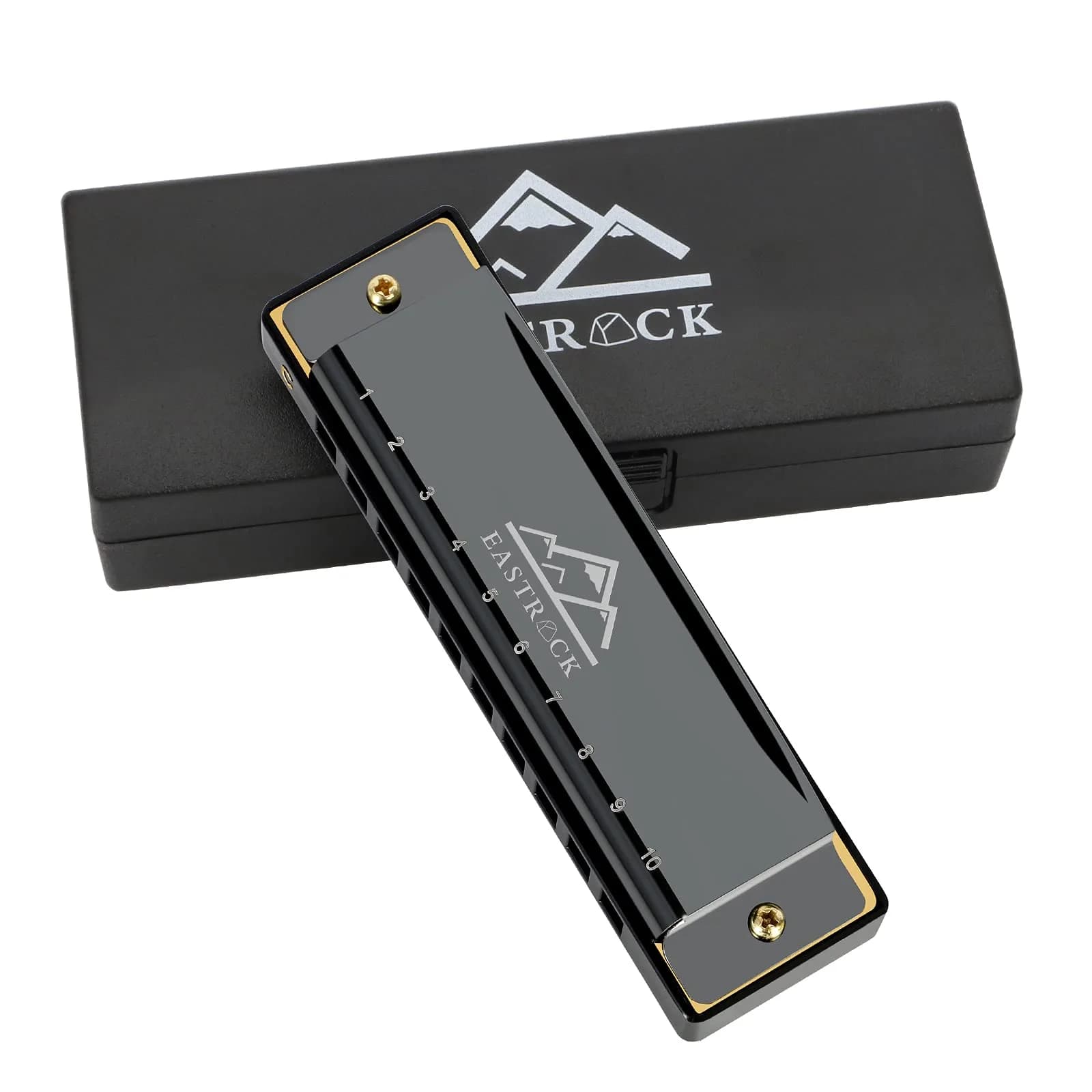 EASTROCK 10 Hole Blues Harmonica C Key Black with Case | Diatonic Mouth Organ Phosphor Bronze Reeds - main product image