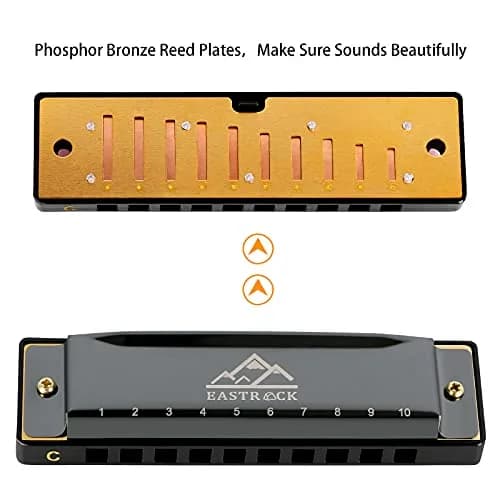 EASTROCK 10 Hole Blues Harmonica C Key Black with Case | Diatonic Mouth Organ Phosphor Bronze Reeds thumbnail 2