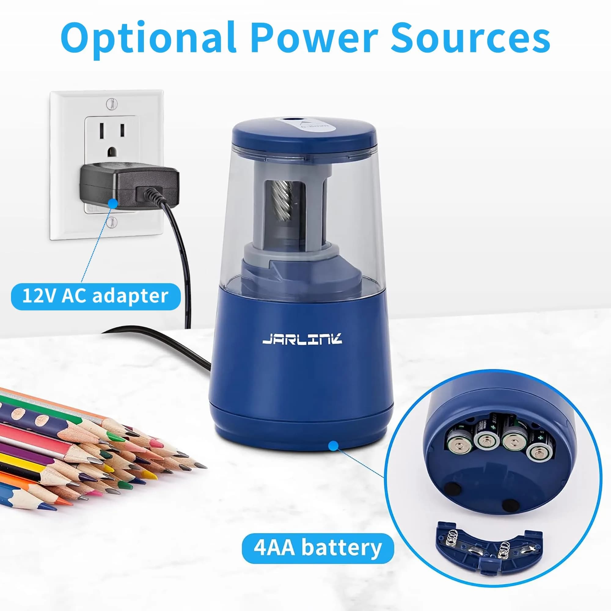 JARLINK Electric Pencil Sharpener, Heavy Duty Helical Blade, Auto Stop, Blue | 8.5cm x 8.6cm x 17.2cm (3.2" x 3.4" x 6.8") - view 5
