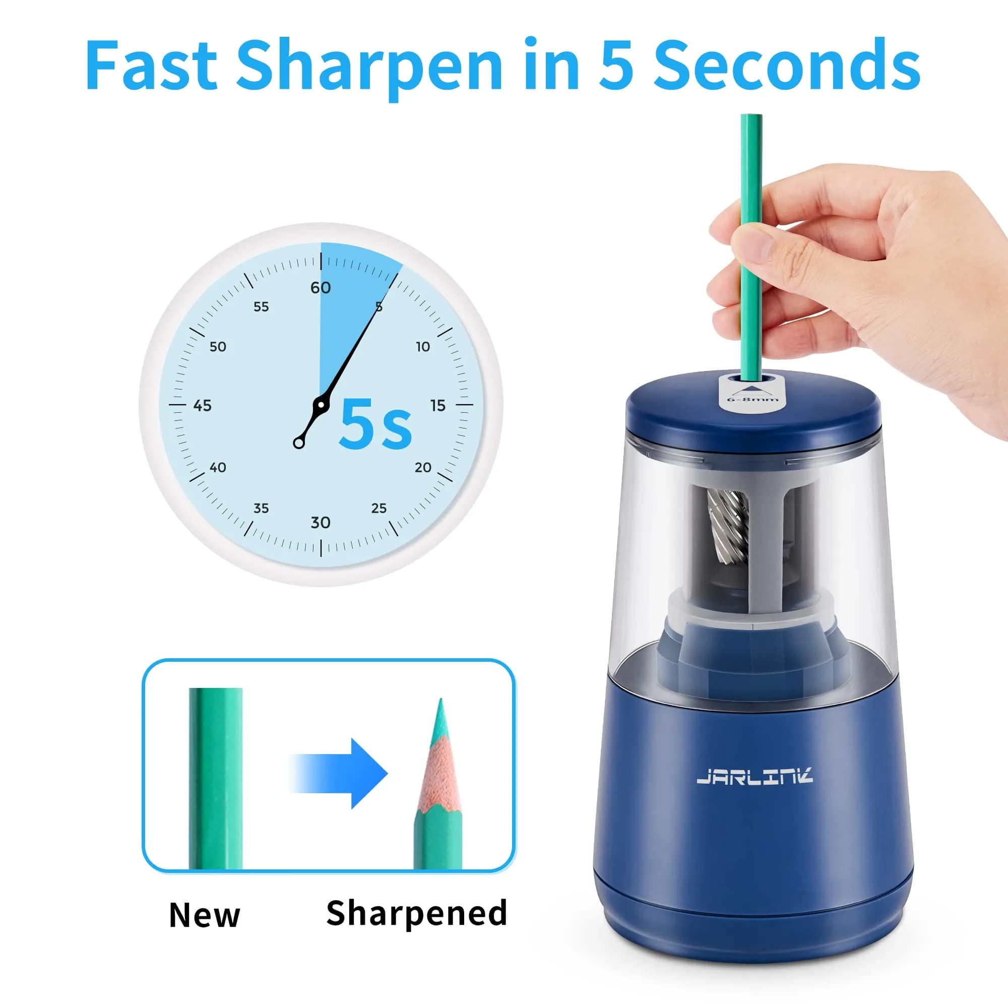 JARLINK Electric Pencil Sharpener, Heavy Duty Helical Blade, Auto Stop, Blue | 8.5cm x 8.6cm x 17.2cm (3.2" x 3.4" x 6.8") - view 2