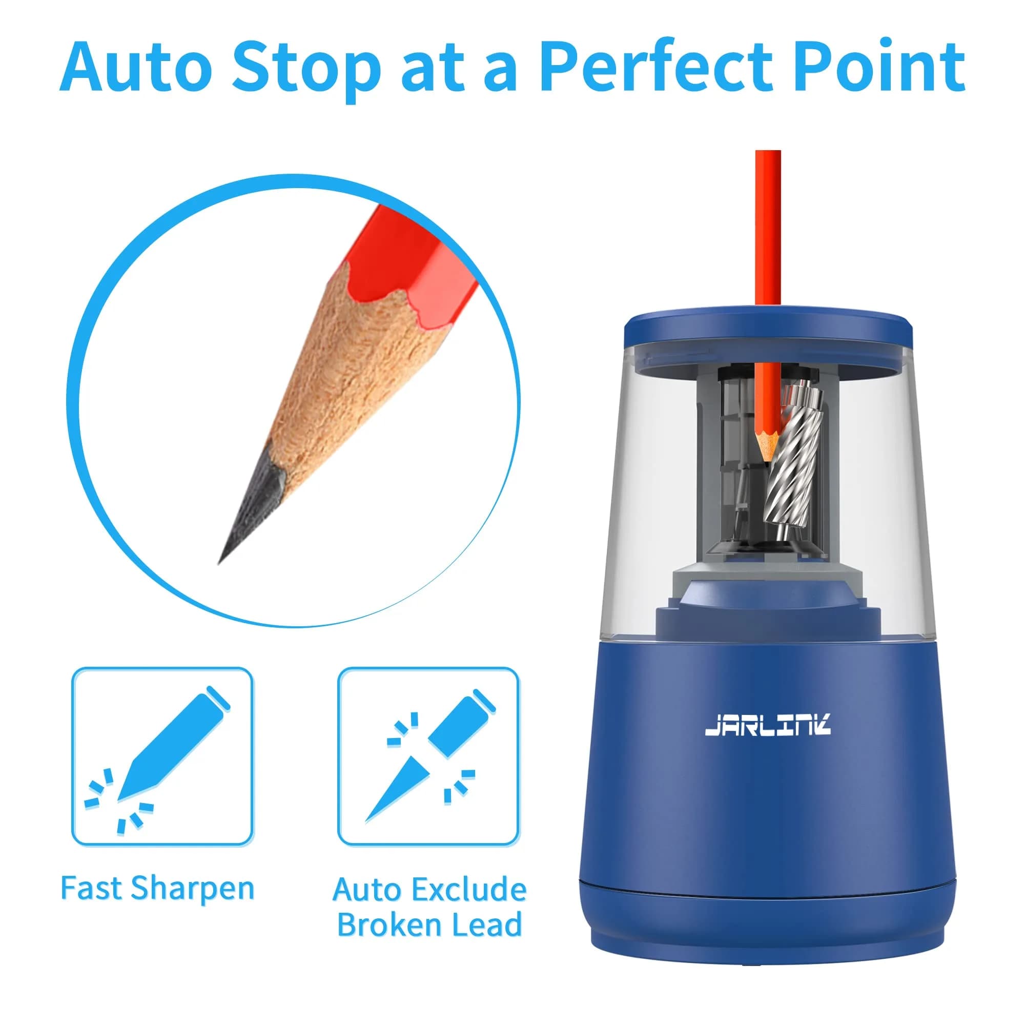 JARLINK Electric Pencil Sharpener, Heavy Duty Helical Blade, Auto Stop, Blue | 8.5cm x 8.6cm x 17.2cm (3.2" x 3.4" x 6.8") - view 3