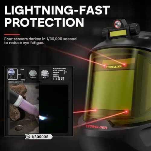 YESWELDER Auto Darkening Welding Helmet with LED, 180° View, LYG-Q800D | Blue Light Blocking, Large View, Multi-Process thumbnail 4