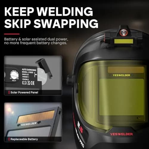 YESWELDER Auto Darkening Welding Helmet with LED, 180° View, LYG-Q800D | Blue Light Blocking, Large View, Multi-Process thumbnail 6